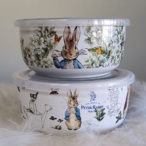 Beatrix Potter Peter Rabbit Springtime Floral Ceramic Bowl Set w/ Vented Lids 🌿